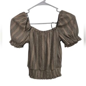 H&M Brown Striped Puff Sleeve Crop Top